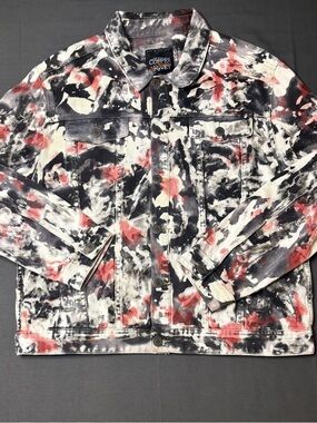 Copper Rivet Men's Black, White & Red Tie-Dye Denim Jacket NWOT